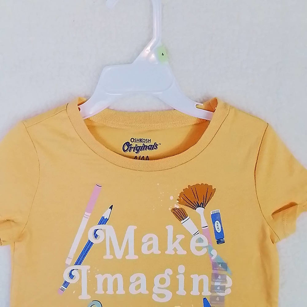 Oshkosh Short Sleeve Cotton Tee T-Shirt Girl's Size 4 Yellow w/ Art Theme - Picture 3 of 10